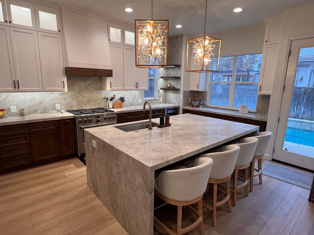Kitchen remodel with waterfall countertop in Gilroy by D One Builders