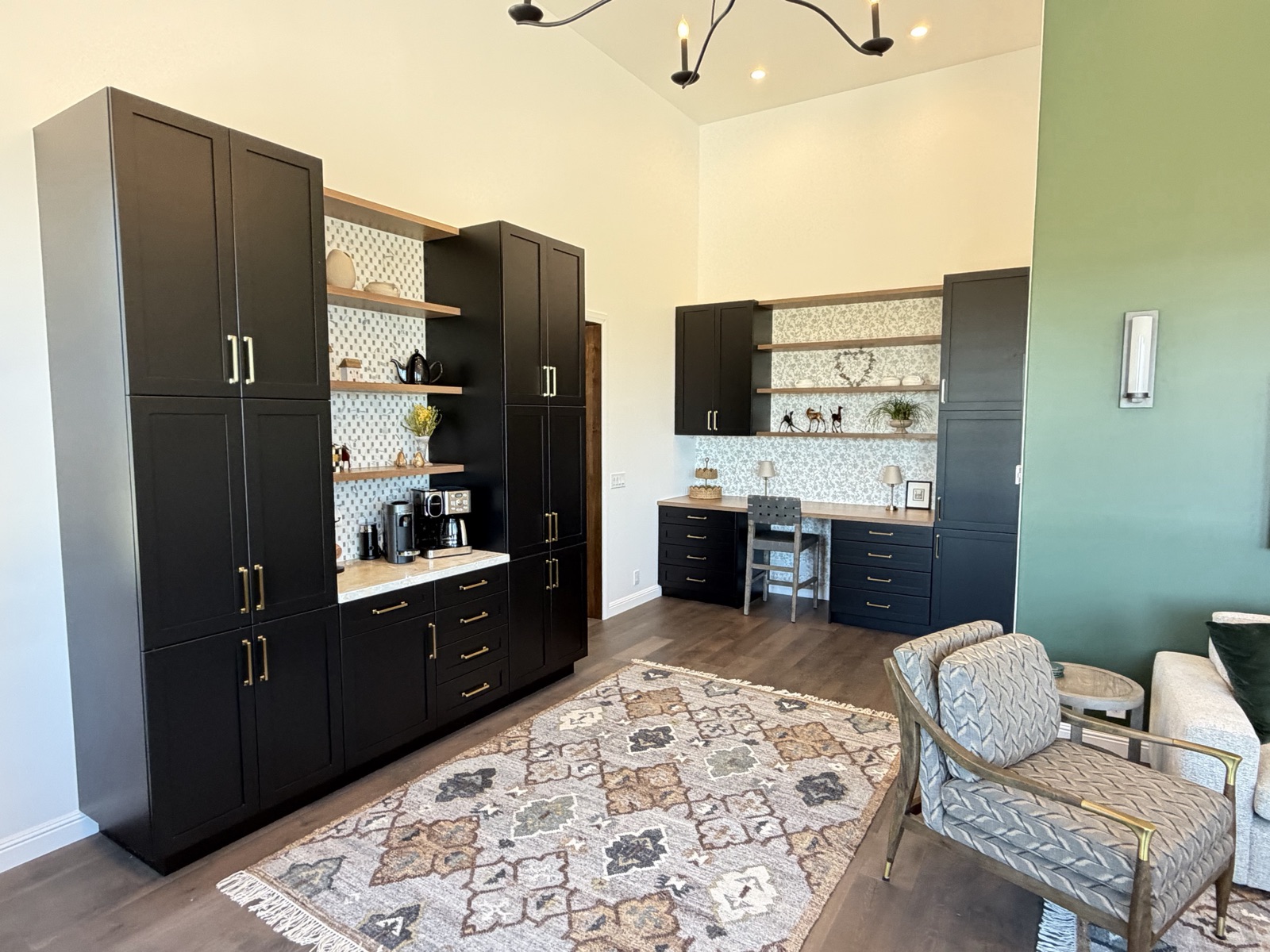 Hollister home addition - wide view of the coffee bar and desk nook cabinetry