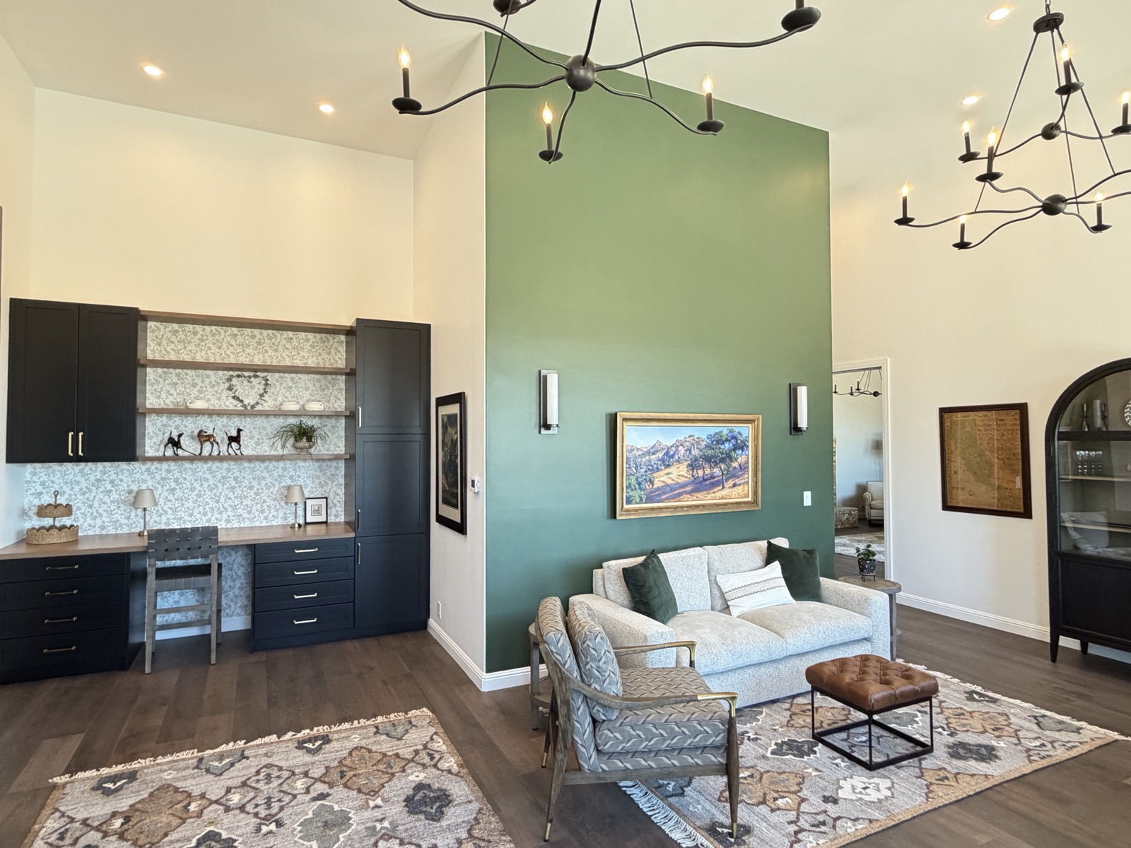 Hollister home addition - living area with built-in desk nook and custom cabinetry